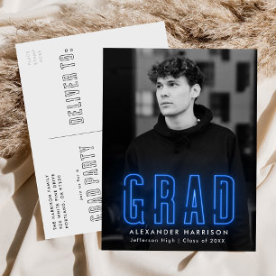 Invitation Carte Postale Fête de graduation photo moderne Blue Neon