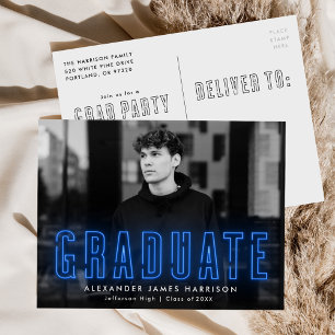 Invitation Carte Postale Fête de graduation photo moderne Blue Neon