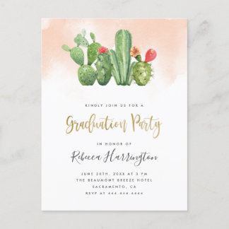 Invitation Carte Postale Fête de graduation tendance Blush Watercolor & Cac