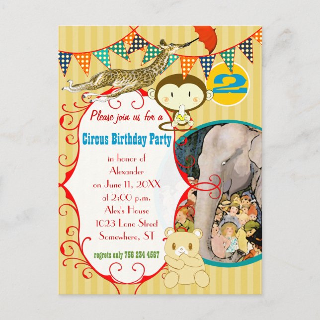 Invitation Carte Postale Fête de la Giraffe de singe Eléphant Circus âgé de (Devant)