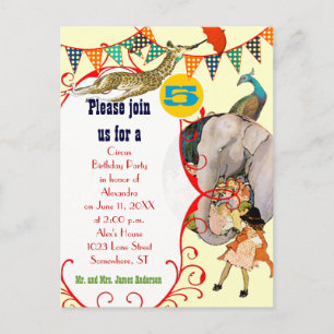 Invitation Carte Postale Fête de la Giraffe Eléphant Peacock Circus Enfants