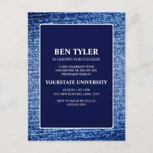 Invitation Carte Postale Fête de la rentrée universitaire en denim bleu mar