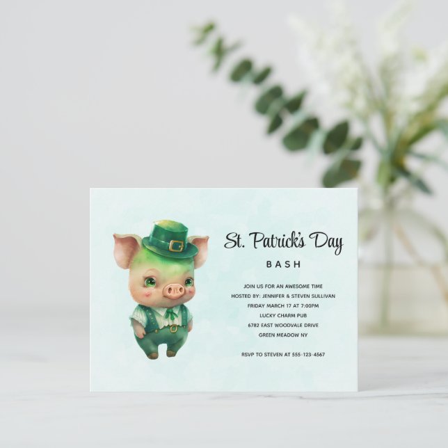 Invitation Carte Postale Fête de la Saint-Patrick avec un Cochon Vert en Te (Debout devant)