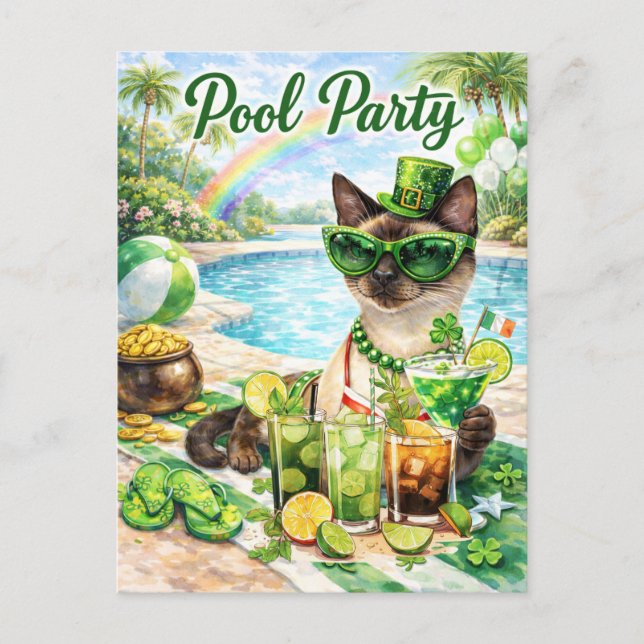 Invitation Carte Postale Fête de la Saint-Patrick : Pool Party de la Chatte (Devant)