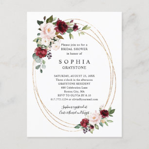 Invitation Carte Postale Fête de mariage abstrait floral Bourgogne Or