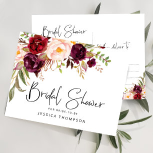Invitation Carte Postale Fête de mariage aquarelle rose burgundy floral
