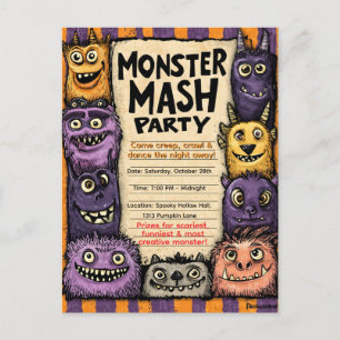 Invitation Carte Postale "Fête de Monster Mash" avec des monstres mignons
