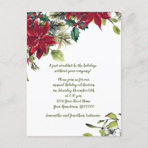 Invitation Carte Postale Fête de Noël au houx poinsettia rouge et blanc