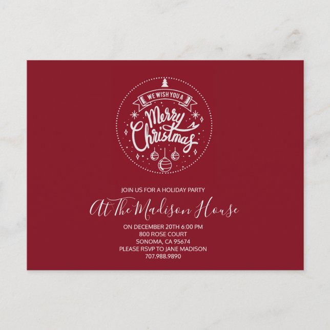 Invitation Carte Postale Fête de Noël Joyeux Rouge et Blanc (Devant)