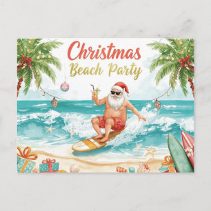 Invitation Carte Postale Fête de Noël sur la plage – Santa surfant sous les