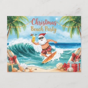 Invitation Carte Postale Fête de Noël sur la plage – Surf de Père Noël trop