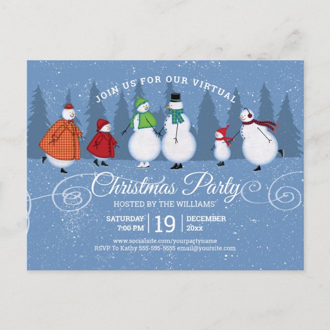 Invitation Carte Postale Fête de Noël virtuelle Snowman Patinage Pins Arbre (Devant)