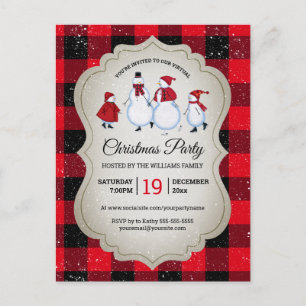 Invitation Carte Postale Fête de Noël virtuelle Snowman Red Buffalo Plaid