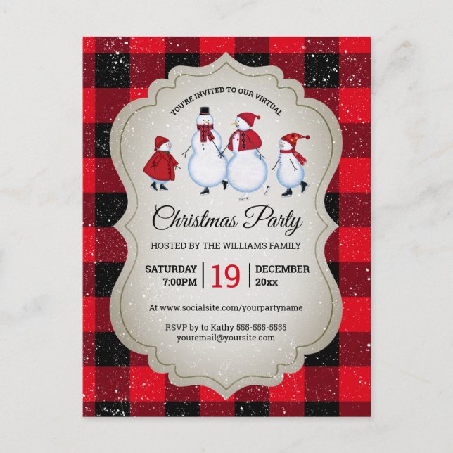 Invitation Carte Postale Fête de Noël virtuelle Snowman Red Buffalo Plaid (Devant)