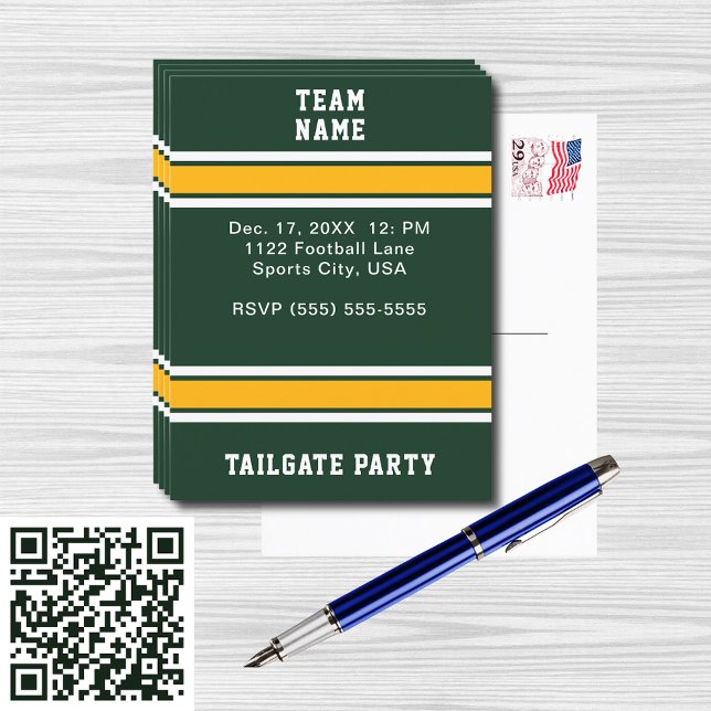 Invitation Carte Postale Fête de queue de l'équipe de football Green & Gold (Green & Gold Football Team Tailgate Party Invitation Postcard)