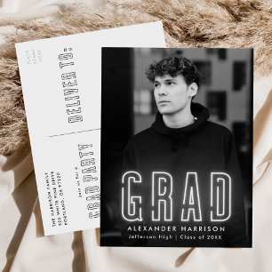 Invitation Carte Postale Fête de remise de diplômes moderne avec néon blanc