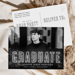 Invitation Carte Postale Fête de remise de diplômes moderne avec néon blanc