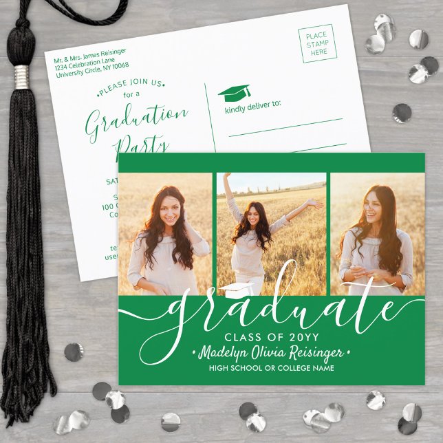 Invitation Carte Postale Fête de Remise de Diplômes Moderne Vert et Blanc 3 (Créateur téléchargé)