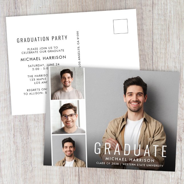 Invitation Carte Postale Fête de remise des diplômes avec bande de photos m (Modern Photo Graduation Party Invitation Postcard)