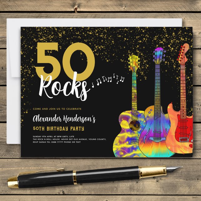 Invitation Carte Postale Fête des 50 ans de la guitare (Psychedelic guitars black and gold 50th birthday party budget invitation postcard 50 rocks)