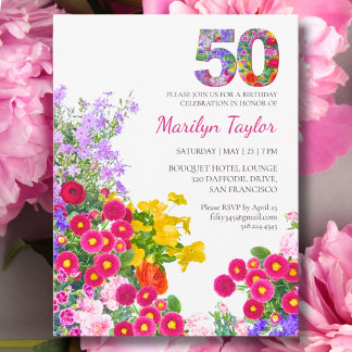Invitation Carte Postale Fête des 50 ans Fleurs colorées de jardin