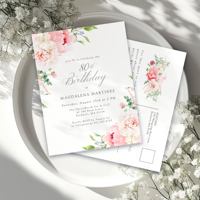 Invitation Carte Postale Fête des 80 ans Féminin Fleurs Roses (Créateur téléchargé)