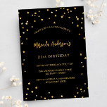 Invitation Carte Postale fête des étoiles noires<br><div class="desc">Une invitation glamour à la fête d'anniversaire pour lui et elle. Un arrière - plan noir décoré de faux étoiles dorées. Personnalisez et ajoutez un nom et des détails du parti. Texte de couleur dorée.</div>