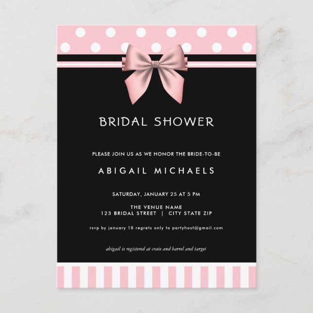 Invitation Carte Postale Fête des mariées à points rose et noir (Devant)