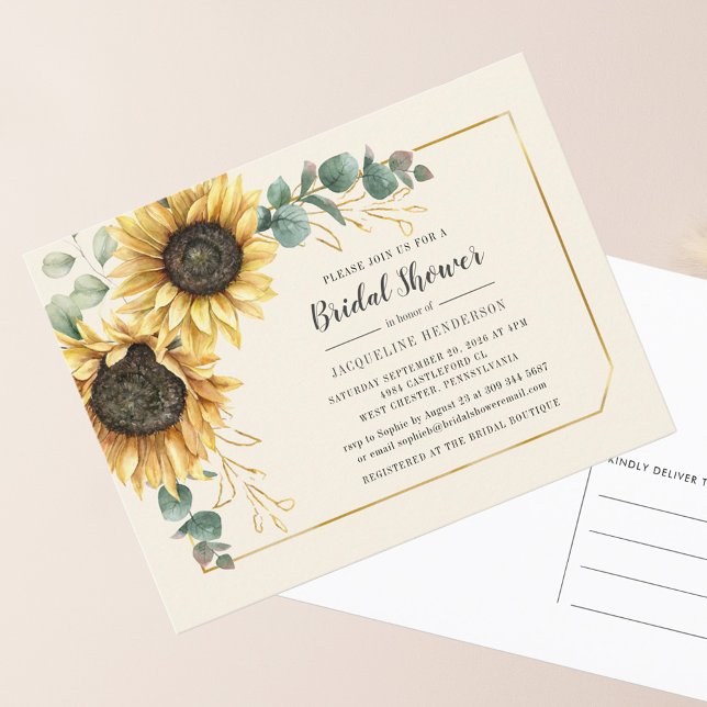 Invitation Carte Postale Fête des mariées à script floral de tournesol Euca (Floral Sunflower Eucalyptus Bridal Shower Invitation Postcard)