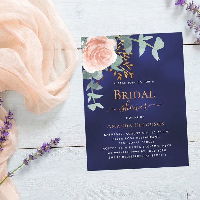 Invitation Carte Postale Fête des mariées bleu marine or rose (Créateur téléchargé)