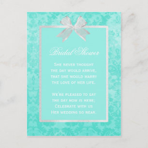 Invitation Carte Postale Fête des mariées Chic Aqua Damask Girl White Bow
