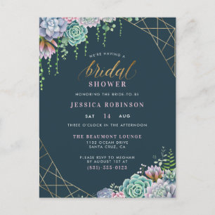 Invitation Carte Postale Fête des mariées chic Gold Frame & Script Succulen