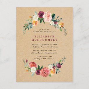 Invitation Carte Postale Fête des mariées de couronnes florales Kraft rusti