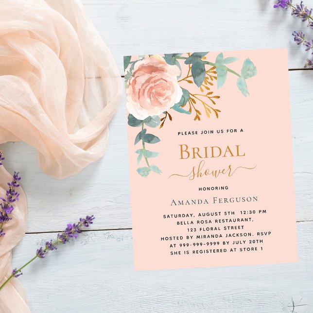 Invitation Carte Postale Fête des mariées de pêche rose en or vert (Créateur téléchargé)