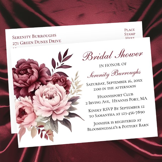 Invitation Carte Postale Fête des mariées de pivoine d'aquarelle de Bourgog (Créateur téléchargé)