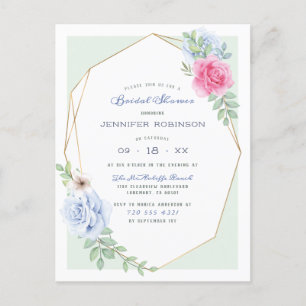 Invitation Carte Postale Fête des mariées Florale Rose bleu et rose