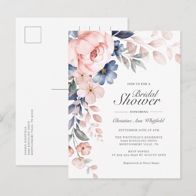 Invitation Carte Postale Fête des mariées florale rose moderne (Devant / Derrière)