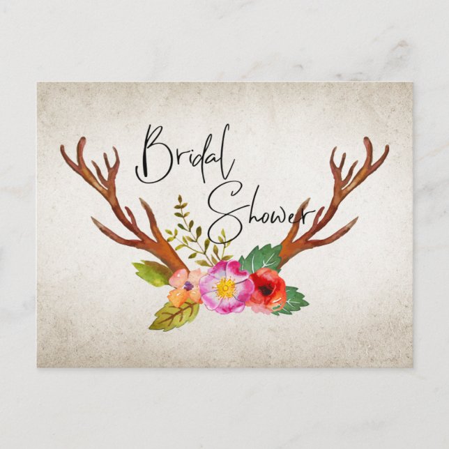Invitation Carte Postale Fête des mariées florale Rustic Deer Antlers (Devant)