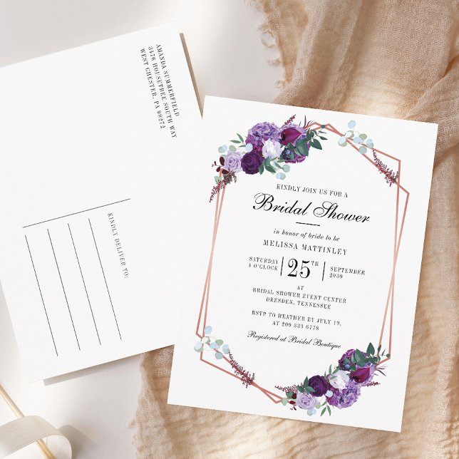 Invitation Carte Postale Fête des mariées géométrique Script Floral Violet (Purple Floral Script Typography Bridal Shower Invitation Postcard)