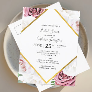 Invitation Carte Postale Fête des mariées rose florale élégante