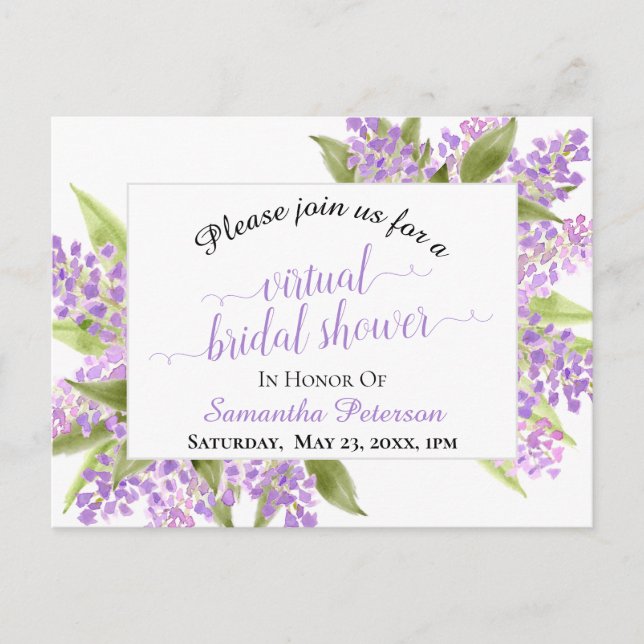 Invitation Carte Postale Fête des mariées virtuelle Lilacs aquarelle rustiq (Devant)
