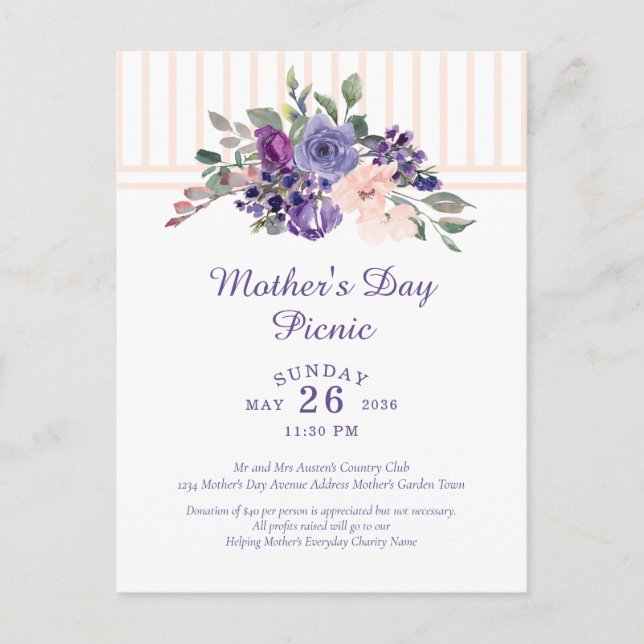Invitation Carte Postale Fête des mères Pique-nique Floral Aquarelle violet (Devant)