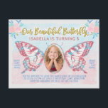 Invitation Carte Postale Fête des papillons Photo Girls Cute Kid Pink<br><div class="desc">Ces cartes postales d'invitation uniques à la fête d'anniversaire transforment votre enfant en papillon magique ! Le joli design présente un aspect vintage de conte de fées dans des teintes blanches de rose, de bleu et d'or. La photo de votre enfant remplit le centre des ailes du papillon. Le joli...</div>
