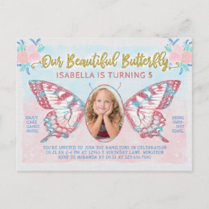 Invitation Carte Postale Fête des papillons Photo Girls Cute Kid Pink