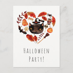 Invitation Carte Postale Fête d'Halloween Chat Noir Aquarelle Fantaisiste
