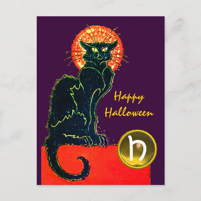 INVITATION CARTE POSTALE FÊTE D'HALLOWEEN CHAT NOIR MONOGRAMME (Devant)