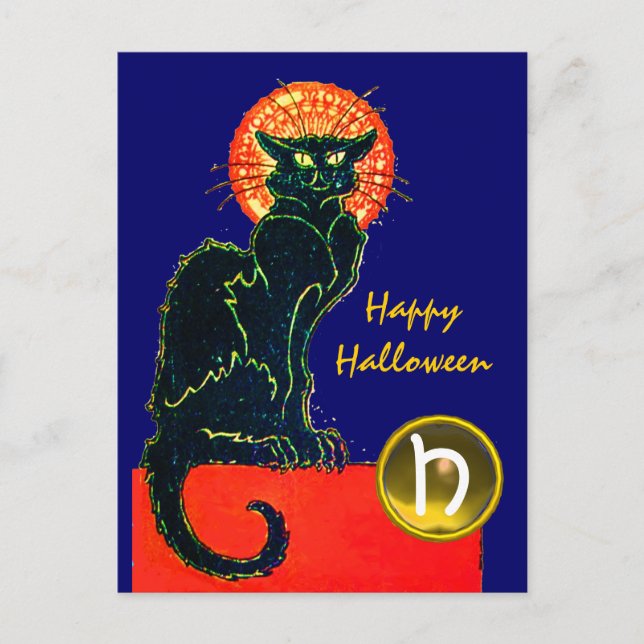 INVITATION CARTE POSTALE FÊTE D'HALLOWEEN DU CHAT NOIR MONOGRAMME (Devant)
