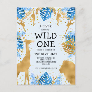Invitation Carte Postale Fête du 1er anniversaire des garçons Blue Jungle S