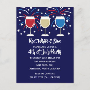 Invitation Carte Postale Fête du 4 juillet Vin Rouge Blanc et Bleu