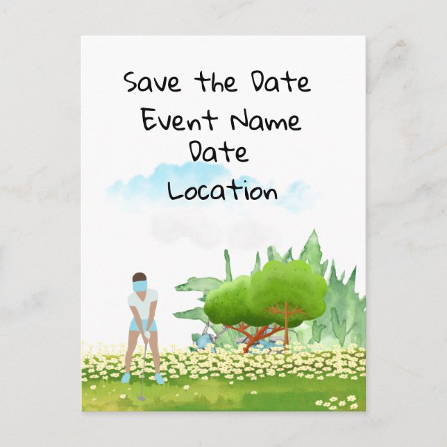 Invitation Carte Postale Fête Golf Save the Date pour une golfeuse (Devant)